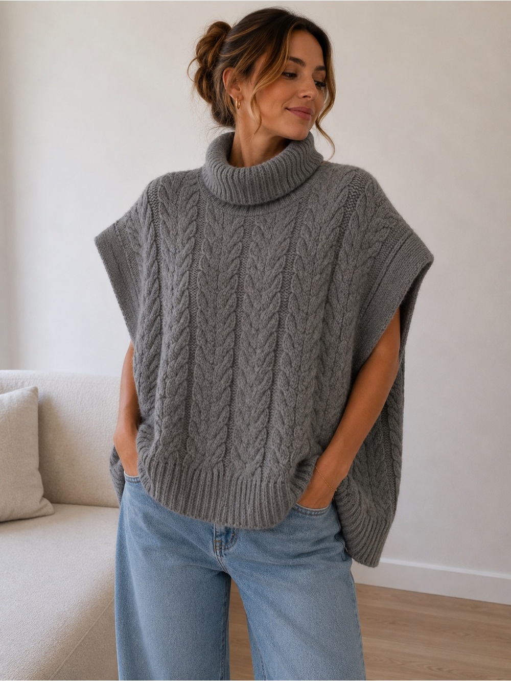 Splendid Gray Cable Knit Turtleneck Poncho Sweater
